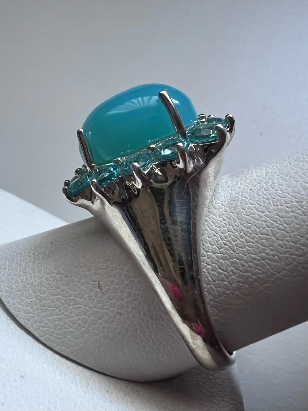 Sterling Silver Sky Blue Chalcedony Cabochon Halo Ring Size 10
